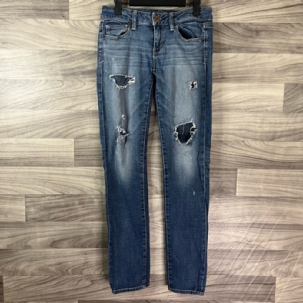 American Eagle Outfitters Skinny Jeans Womens 4 Blue Distressed Stone Wash Denim
